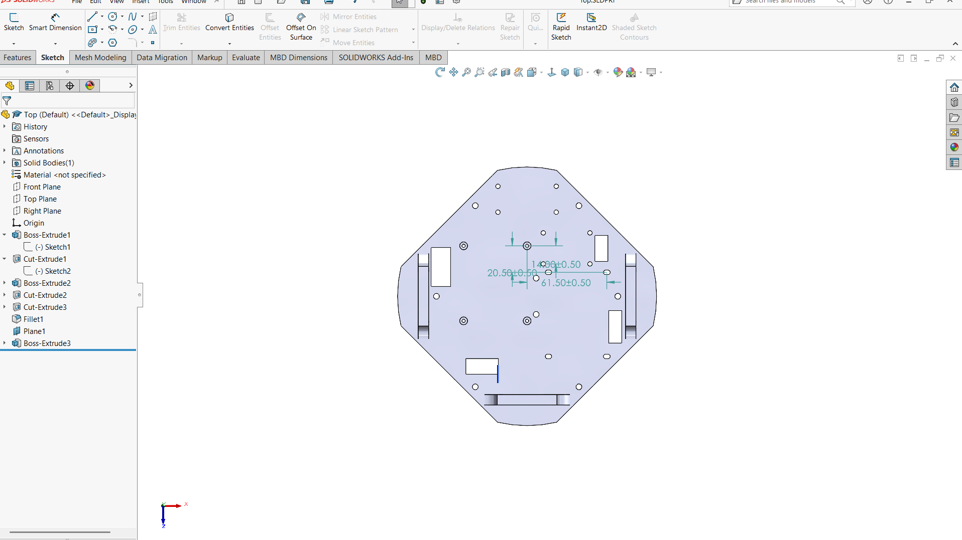 Clean SolidWorks top view of the rover plate and mounting holes