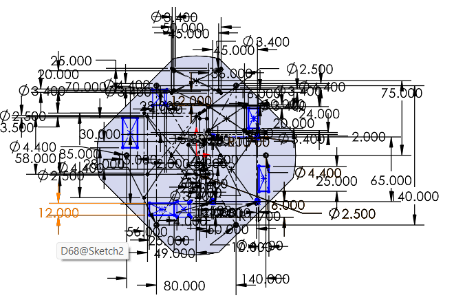 First SolidWorks working sketch with many dimensions