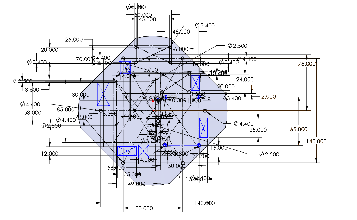 Second SolidWorks working sketch with many dimensions